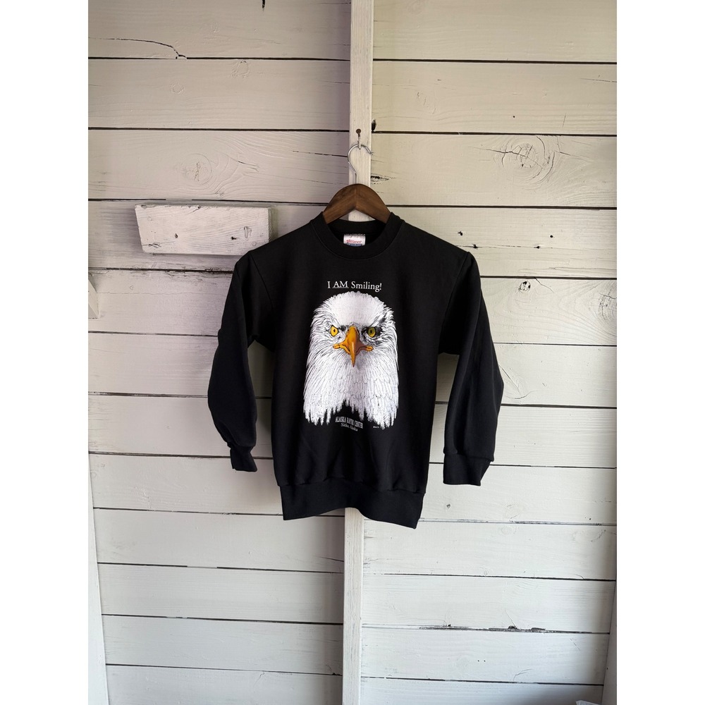 Vintage Hanes Kids Black Alaska Raptor Center Bald Eagle Sweatshirt Youth Medium